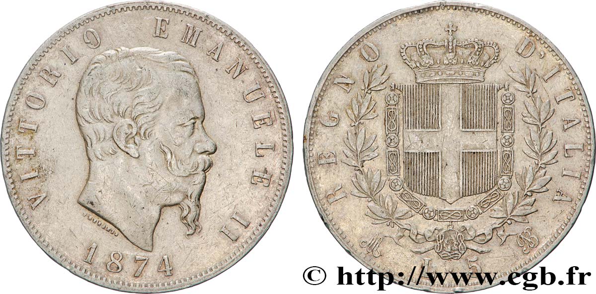ITALIE 5 Lire Victor Emmanuel II 1874 Milan TTB