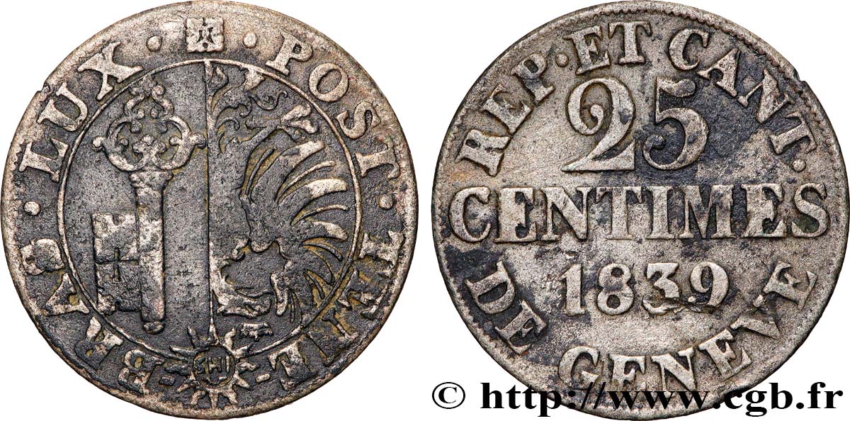 SUISSE - RÉPUBLIQUE DE GENÈVE 25 Centimes - Canton de Genève 1839 TB+