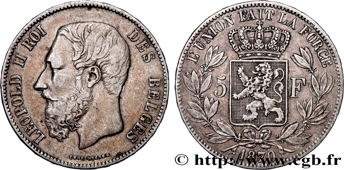 BELGIQUE - ROYAUME DE BELGIQUE - LÉOPOLD II 5 Francs 1870 TTB