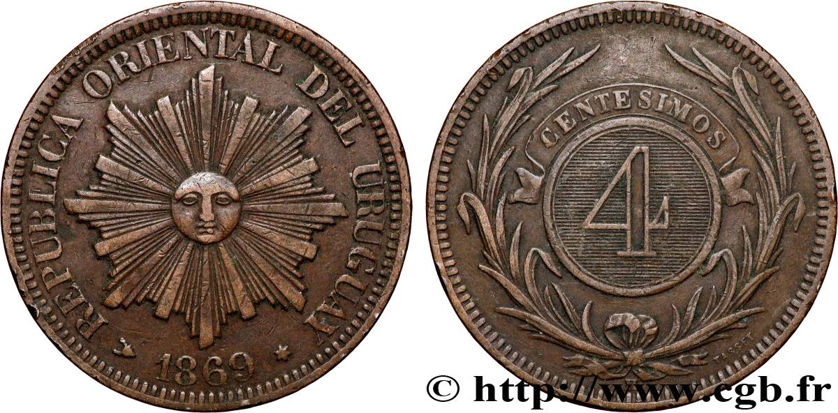 URUGUAY 4 Centesimos soleil 1869 Heaton BB