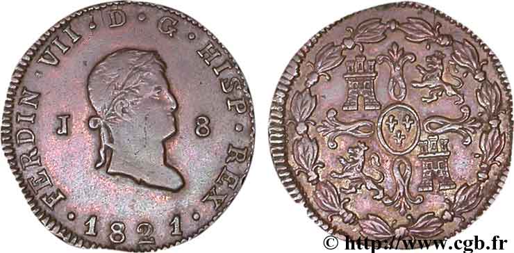 ESPAGNE 8 Maravedis Ferdinand VII 1821 Jubia TTB+ 