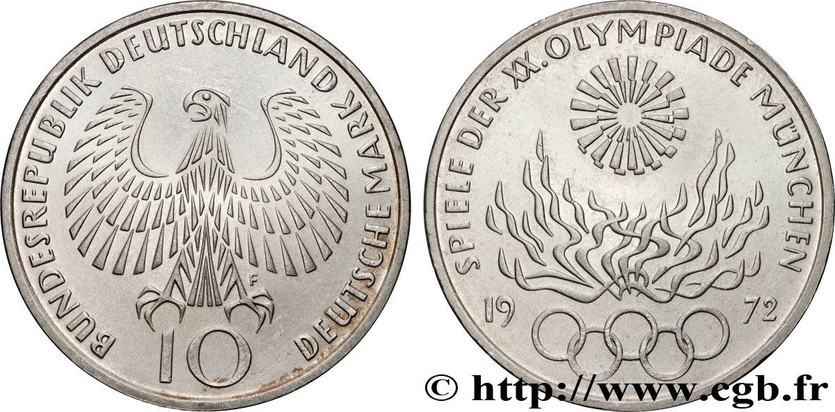 ALLEMAGNE 10 Mark XXe J.O. Munich - Flamme olympique 1972 Stuttgart SUP