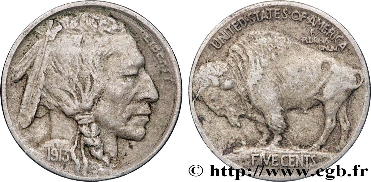 UNITED STATES OF AMERICA 5 Cents Tête d’indien ou Buffalo 1913 Philadelphie VF