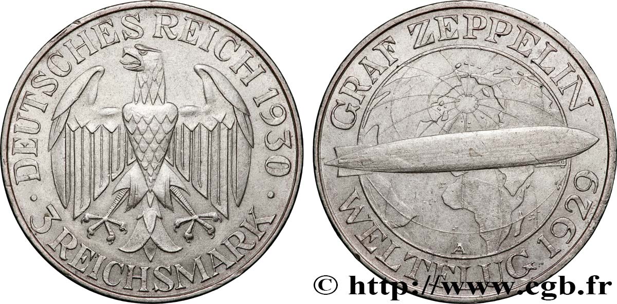 ALLEMAGNE 3 Reichsmark Graf Zeppelin 1930 Berlin TTB+