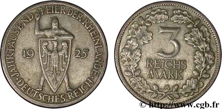 ALLEMAGNE 3 Reichsmark chevalier - 1000e anniversaire Confédération du Rhin 1925 Berlin TTB 
