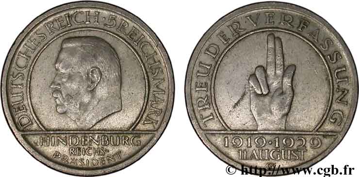 ALLEMAGNE 5 Mark Président Hindenburg - 10e anniversaire constitution de Weimar 1929 Karlsruhe - G TTB 