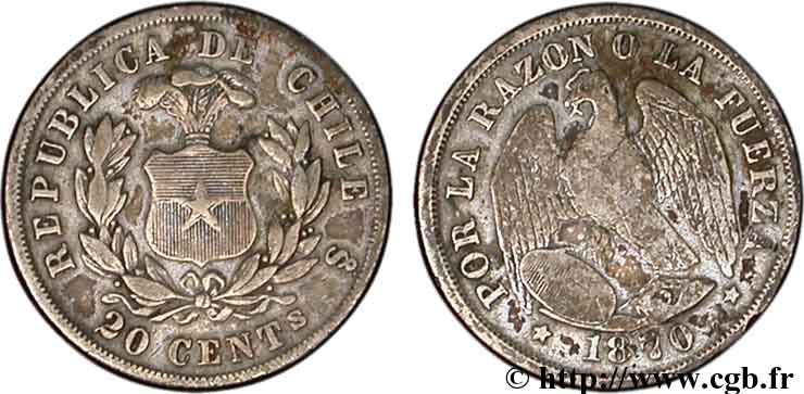 CHILI 20 Centavos condor 1870 Santiago - S° TB+ 