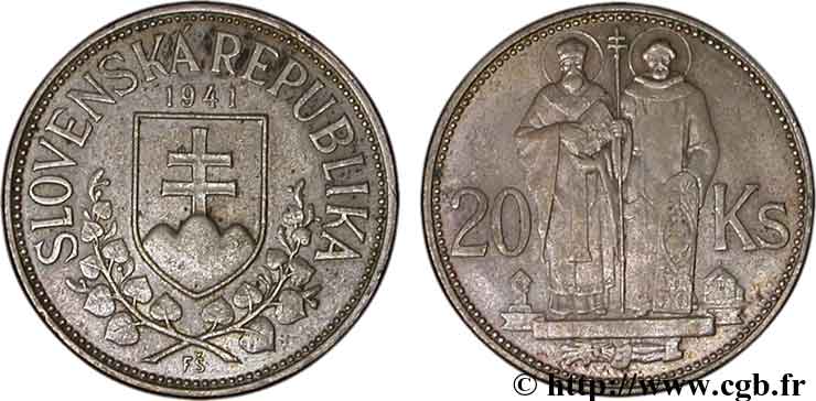 SLOVAQUIE 20 Korun St Cyril et St Méthode variété avec croix à simple barre 1941  TTB+ 