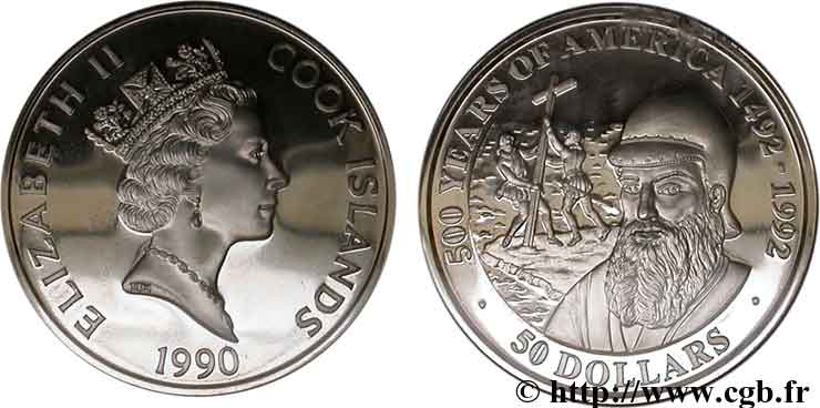 ÎLES COOK  50 Dollars Elisabeth II / 500e anniversaire découverte de l’Amérique, Pedro Avares Cabral 1990  FDC 