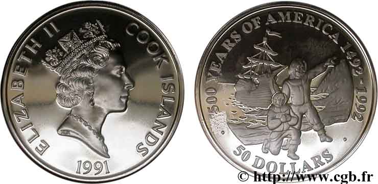 ÎLES COOK  50 Dollars Elisabeth II / 500e anniversaire découverte de l’Amérique, arrivée du Mayflower 1991  FDC 