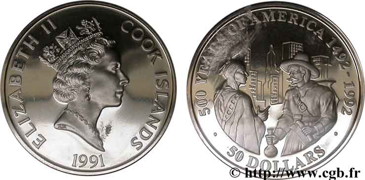 ÎLES COOK  50 Dollars Elisabeth II / 500e anniversaire découverte de l’Amérique, achat de Manhattan par Peter Minuit 1991  FDC 