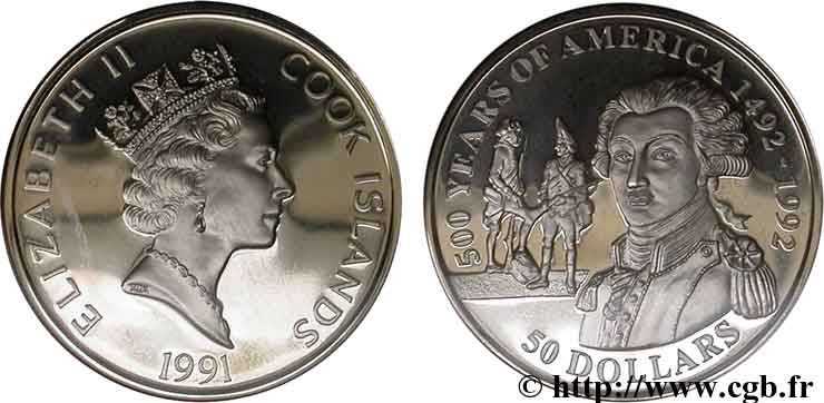 ÎLES COOK  50 Dollars Elisabeth II / 500e anniversaire découverte de l’Amérique, Marquis de Lafayette 1991  FDC 