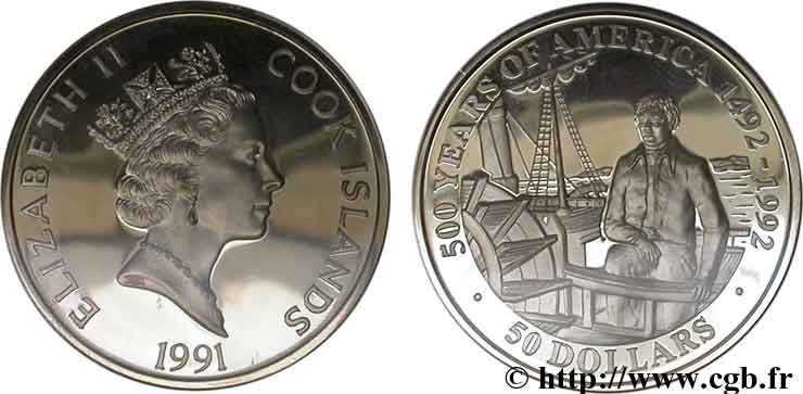 ÎLES COOK  50 Dollars Elisabeth II / 500e anniversaire découverte de l’Amérique, Robert Fulton 1991  FDC 
