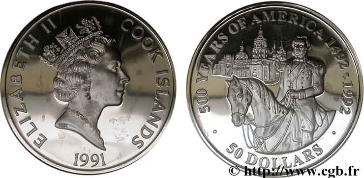 ÎLES COOK  50 Dollars Elisabeth II / 500e anniversaire découverte de l’Amérique, Empereur Maximilien 1991  FDC 