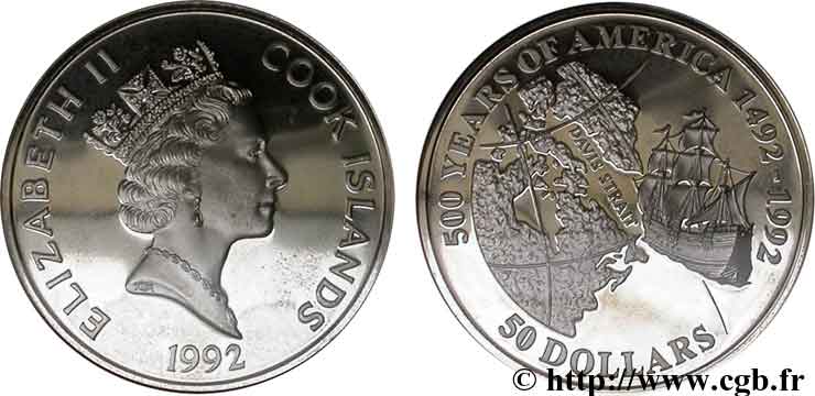 ÎLES COOK  50 Dollars Elisabeth II / 500e anniversaire découverte de l’Amérique, découverte du détroit de Davis 1992  FDC 