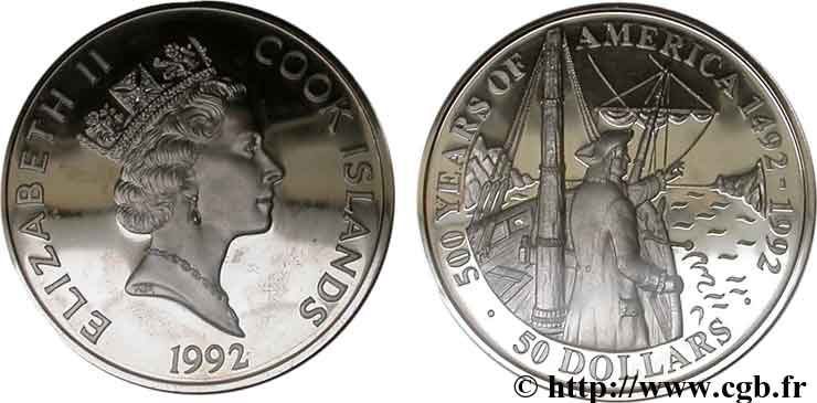 ÎLES COOK  50 Dollars Elisabeth II / 500e anniversaire découverte de l’Amérique, Vitus Bering 1992  FDC 
