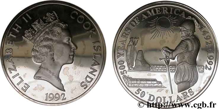 ÎLES COOK  50 Dollars Elisabeth II / 500e anniversaire découverte de l’Amérique, Diego de Almagro 1992  FDC 