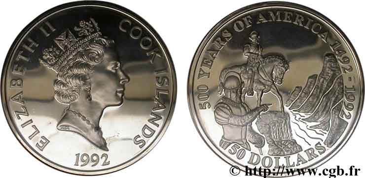 ÎLES COOK  50 Dollars Elisabeth II / 500e anniversaire découverte de l’Amérique, Francisco de Coronado 1992  FDC 