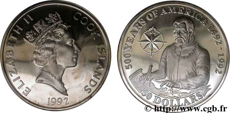 ÎLES COOK  50 Dollars Elisabeth II / 500e anniversaire découverte de l’Amérique, Juan Ponce de Leon 1992  FDC 
