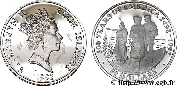 ÎLES COOK  50 Dollars Elisabeth II / 500e anniversaire découverte de l’Amérique, indienne Sacagawea guidant Lewis et Clark 1992  FDC 