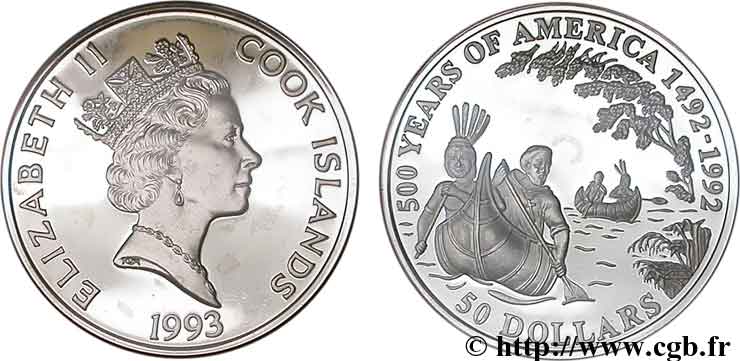 ÎLES COOK  50 Dollars Elisabeth II / 500e anniversaire découverte de l’Amérique, père Jacques Marquette 1993  FDC 