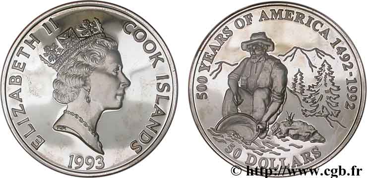 ÎLES COOK  50 Dollars Elisabeth II / 500e anniversaire découverte de l’Amérique, chercheur d’or 1993  FDC 