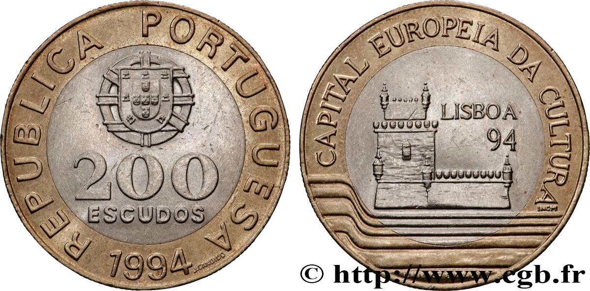 PORTUGAL 200 Escudos “Lisbonne, capitale culturelle de l’Europe” emblème / Tour de Belém 1994 Lisbonne AU