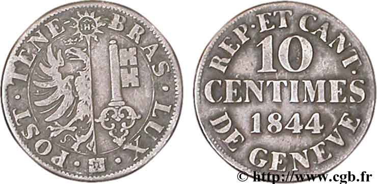 SUISSE - RÉPUBLIQUE DE GENÈVE 10 Centimes - Canton de Genève 1844  TB 