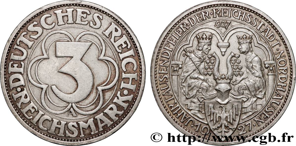 ALLEMAGNE 3 Reichsmark 1000e anniversaire de la fondation de Nordhausen 1927 Berlin TTB+