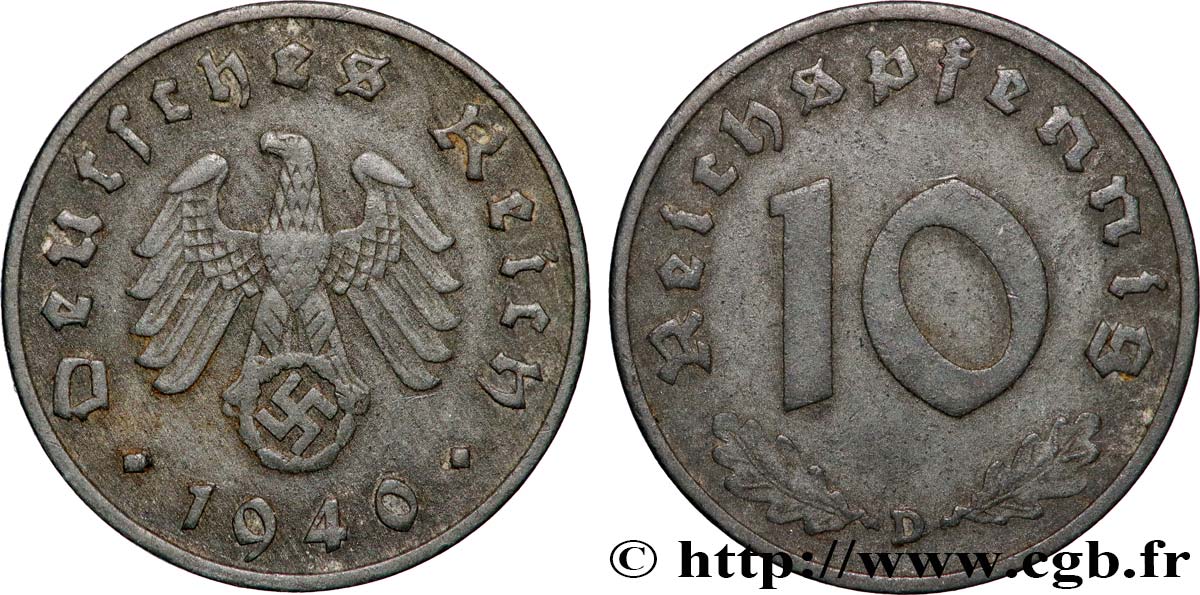 ALLEMAGNE 10 Reichspfennig aigle surmontant une swastika 1940 Munich TTB