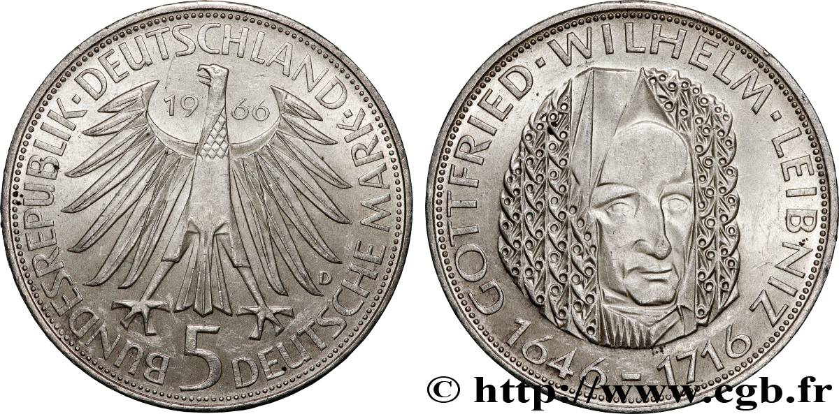 GERMANY 5 Mark aigle héraldique / le philosophe et mathématicien Gottfried Wilhelm Leibniz 1966 Munich - D AU