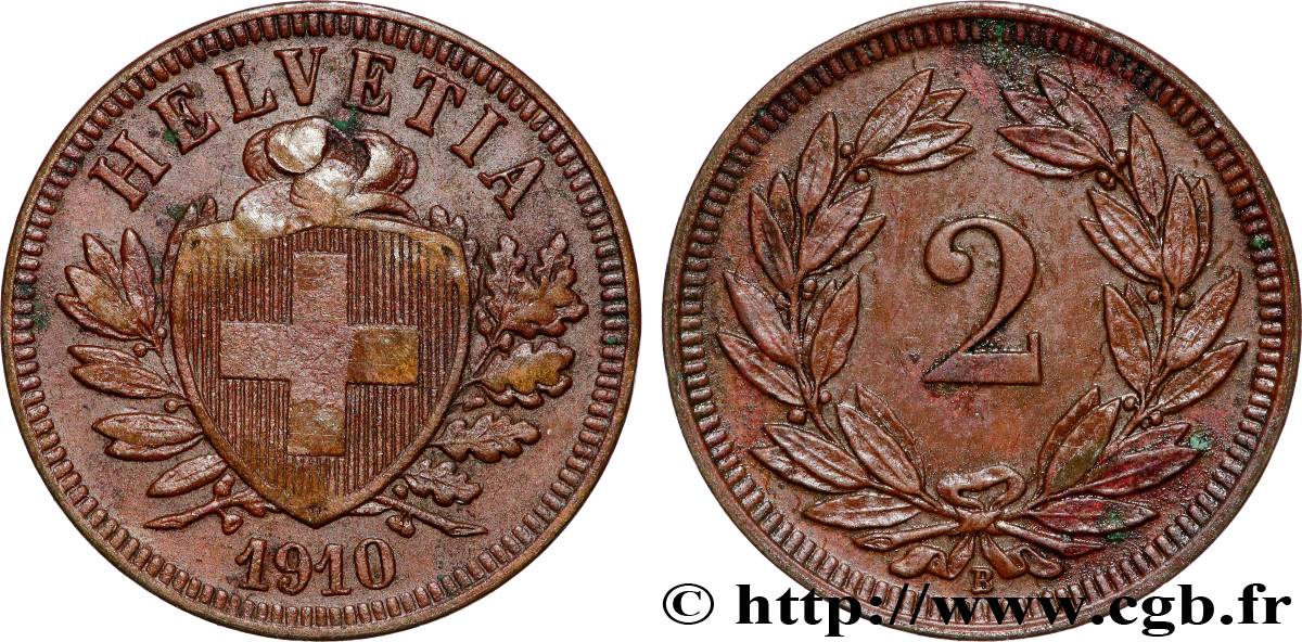 SWITZERLAND 2 Centimes (Rappen) croix suisse 1910 Berne - B AU