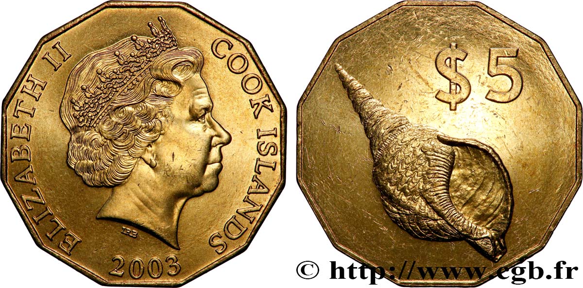 ÎLES COOK 5 Dollars Elisabeth II / Coquillage 2003 Canberra SPL