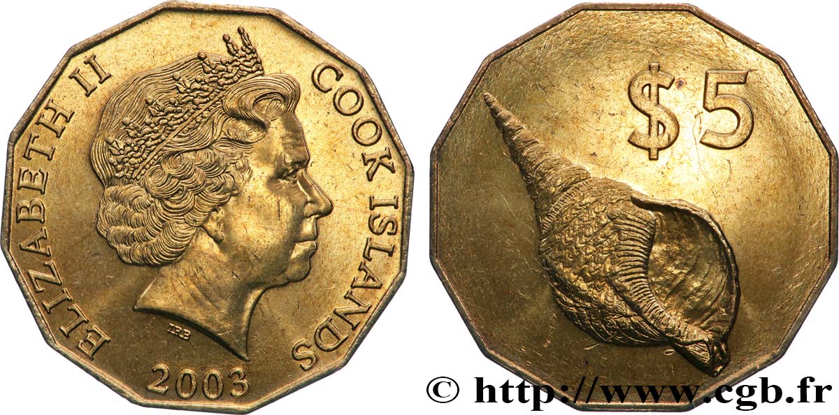 ÎLES COOK 5 Dollars Elisabeth II / Coquillage 2003 Canberra SPL