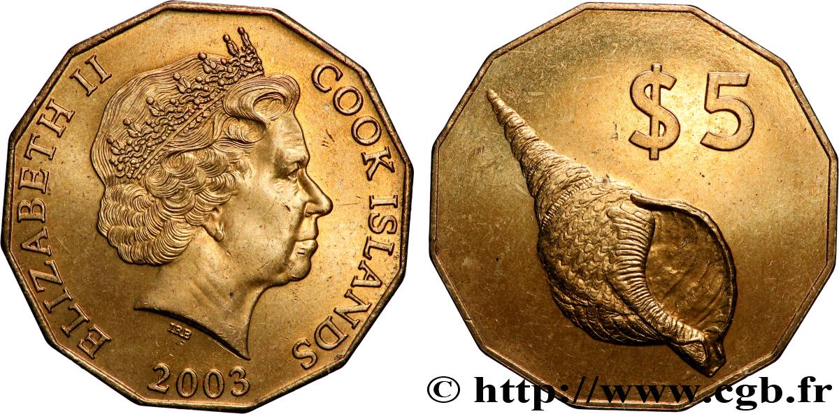 COOK ISLANDS 5 Dollars Elisabeth II / Coquillage 2003 Canberra MS