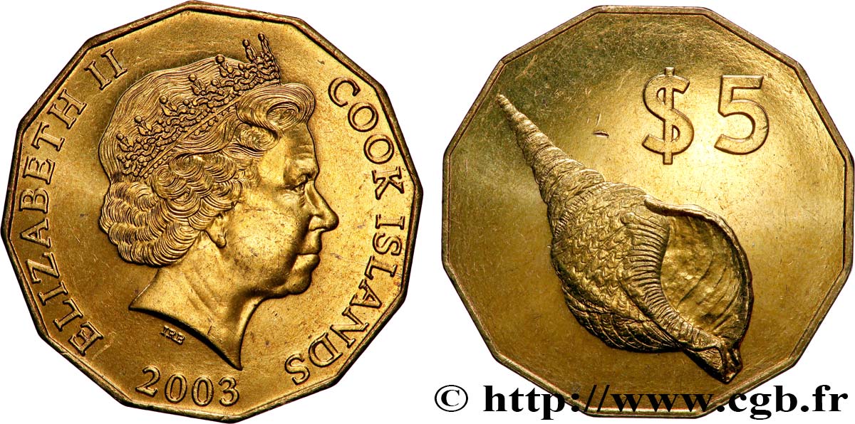 ÎLES COOK  5 Dollars Elisabeth II / Coquillage 2003 Canberra SPL