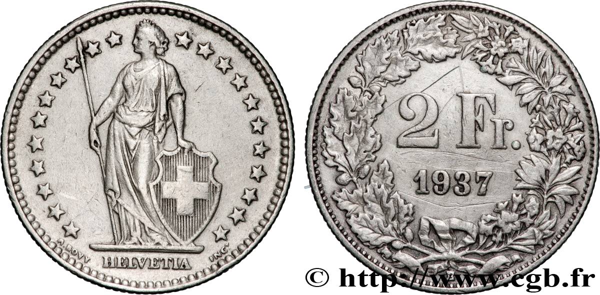 SWITZERLAND 2 Francs Helvetia 1937 Berne XF