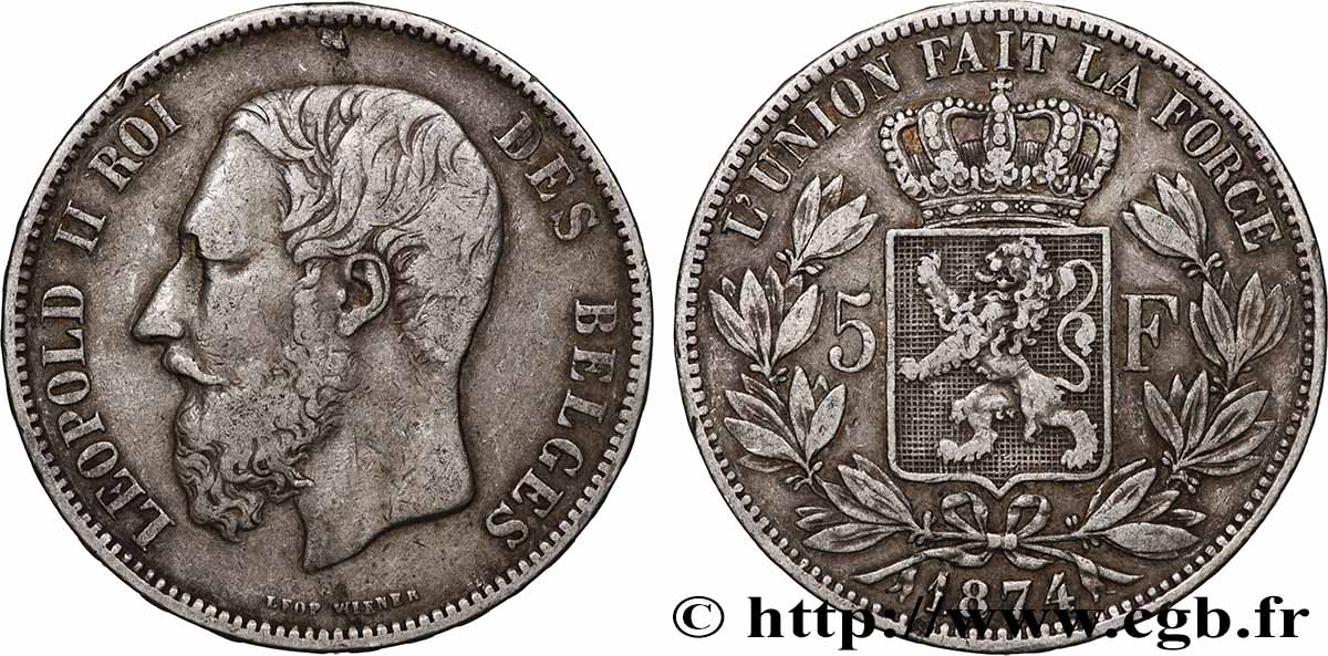 BELGIQUE 5 Francs Léopold II 1874 TTB