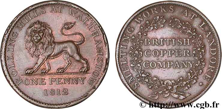 ROYAUME-UNI (TOKENS) 1 Penny British Copper Company - laminoirs de Walthamston (Essex), Lion, variété à 22 glands 1812  SUP 