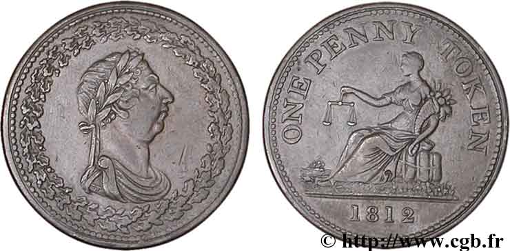 ROYAUME-UNI (TOKENS) 1 Penny buste de Georges III lauré / allégorie du commerce 1812  TTB+ 