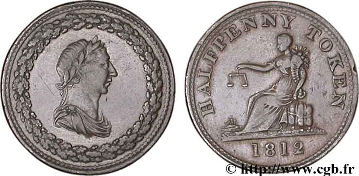 ROYAUME-UNI (TOKENS) 1/2 Penny buste de Georges III lauré / allégorie du commerce, diamètre 29 mm 1812  TTB 