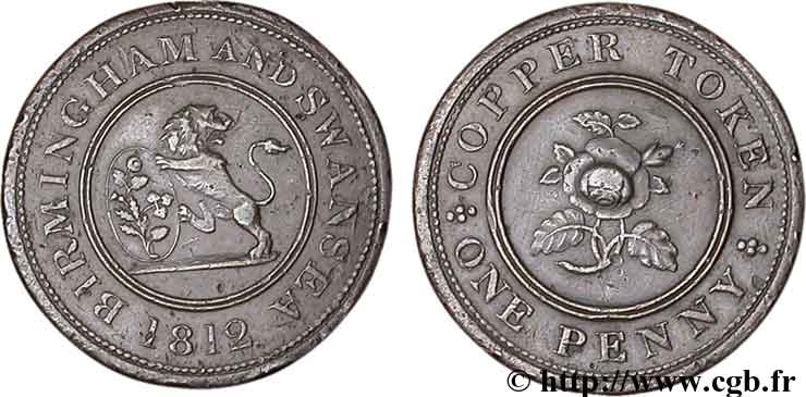 ROYAUME-UNI (TOKENS) 1 Penny Birmingham (Warwickshire), Birmingham and Swansea, Rose Copper Company, lion / rose 1812  TTB 