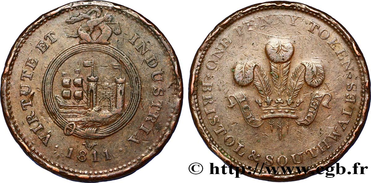 BRITISH TOKENS OR JETTONS 1 Penny Bristol (Somerset) Bristol and Southern Wales, armes du prince de Galles 1811  VG 