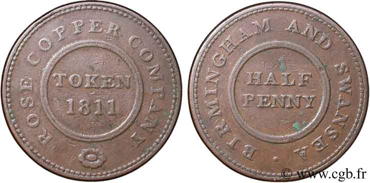 ROYAUME-UNI (TOKENS) 1/2 Penny Birmingham (Warwickshire), Birmingham and Swansea, Rose Copper Company, rose 1811  TB+ 
