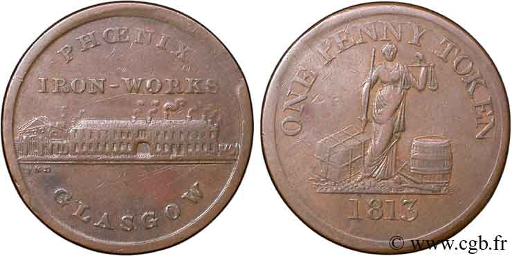 ROYAUME-UNI (TOKENS) 1 Penny Glasgow (Lanarkshire, Écosse) fonderie Phoenix / Justice 1813  TB+ 