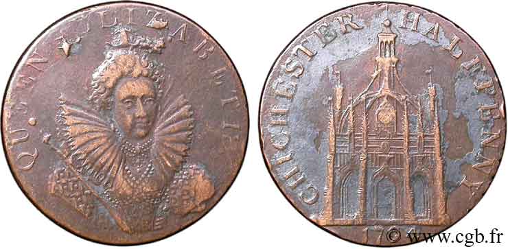 ROYAUME-UNI (TOKENS) 1/2 Penny Chichester (Sussex) buste d’Élisabeth I / vue de Chichester Cross 1794  TB 