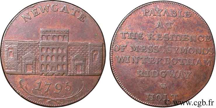 ROYAUME-UNI (TOKENS) 1/2 Penny Newgate (Middlesex) vue de la prison de Newgate / payable par Symonds, Winterbotham, Ridgway et Holt 1795  TTB 