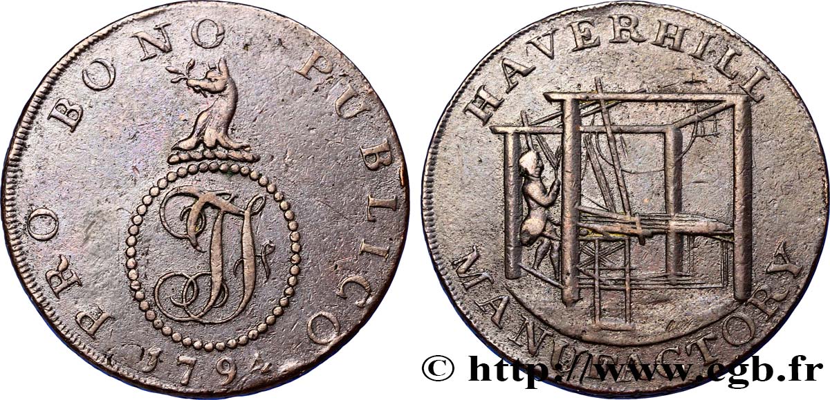 REINO UNIDO (TOKENS) 1/2 Penny Haverhill (Suffolk) initiales I.J. surmontée d’une tête de loup / homme sur un métier à tisser 1794  MBC 