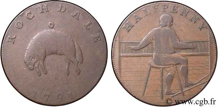 ROYAUME-UNI (TOKENS) 1/2 Penny Rochdale (Lancashire) mouton suspendu / homme sur un métier à tisser (john Kershaw) 1791  TB 