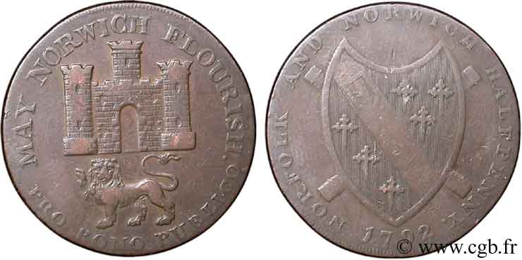 ROYAUME-UNI (TOKENS) 1/2 Penny Norwich (Norfolk) armes de la ville / armes du comté 1792  TB 